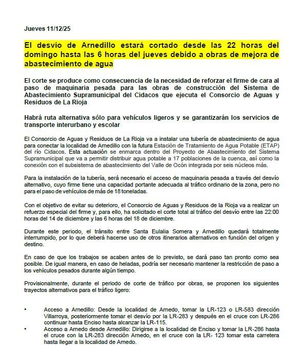 El desvío de Arnedillo ABIERTO (Actualización 18-12-2025)